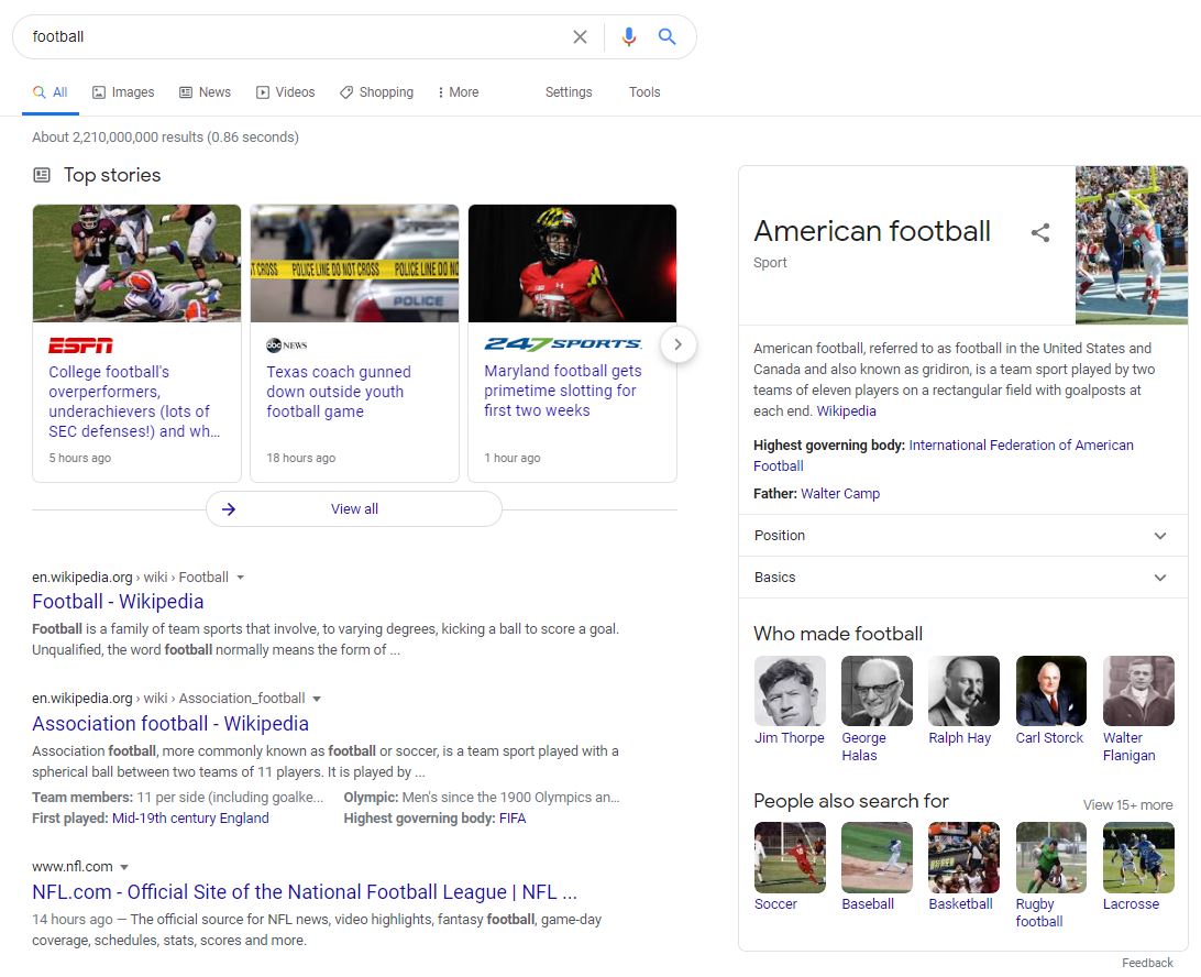 Google search results for "football"