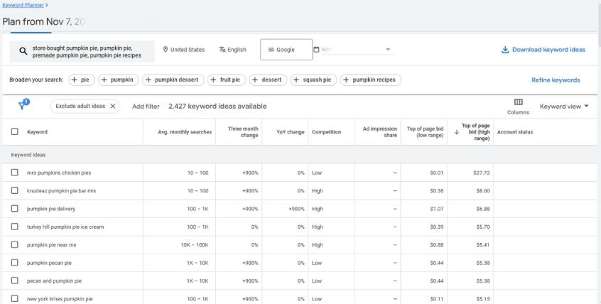 Screenshot of Google Ads Keyword Planner for PPC campaign optimization