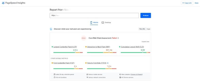 Screenshot of Google's PageSpeed Insights showing a site with poor technical optimization